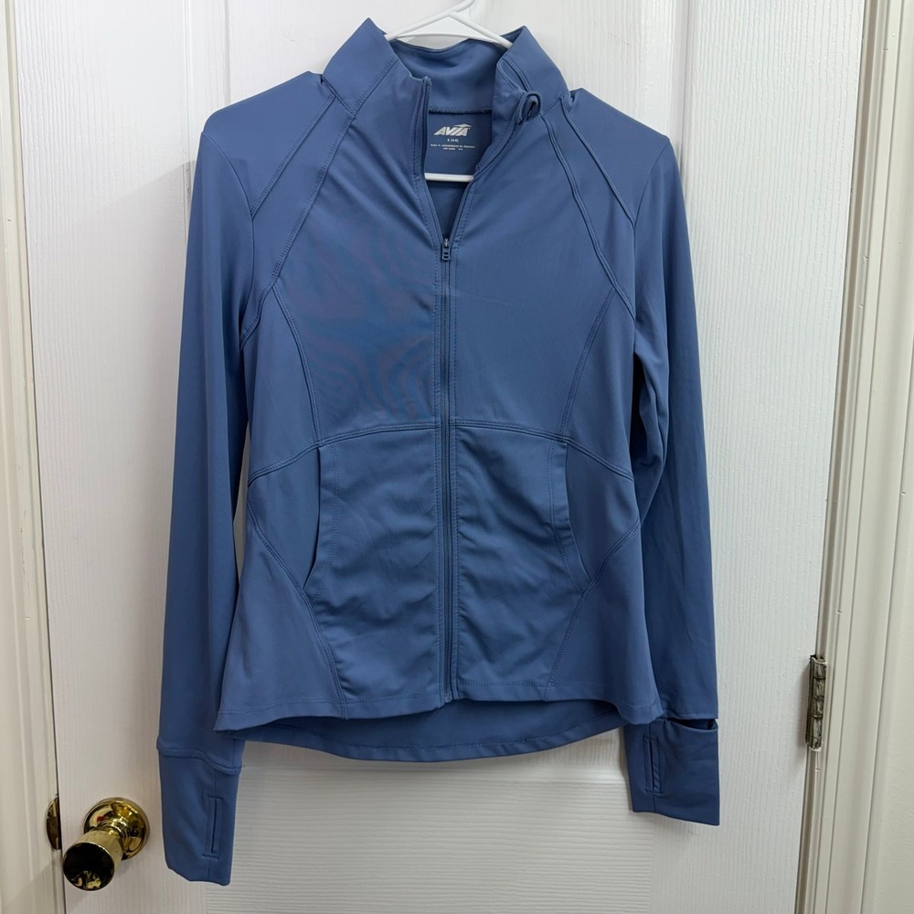 Avia blue collared full zip pocket thumb watch cutout stretch performance jacket